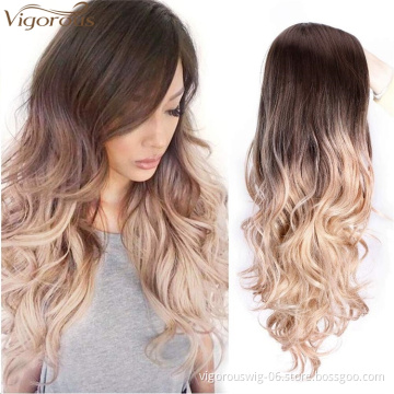 Vigorous Long Ombre Light Auburn To Blonde Synthetic Wigs Middle Part Water Wave Cosplay Wig For Woman Heat Resistant Fibre